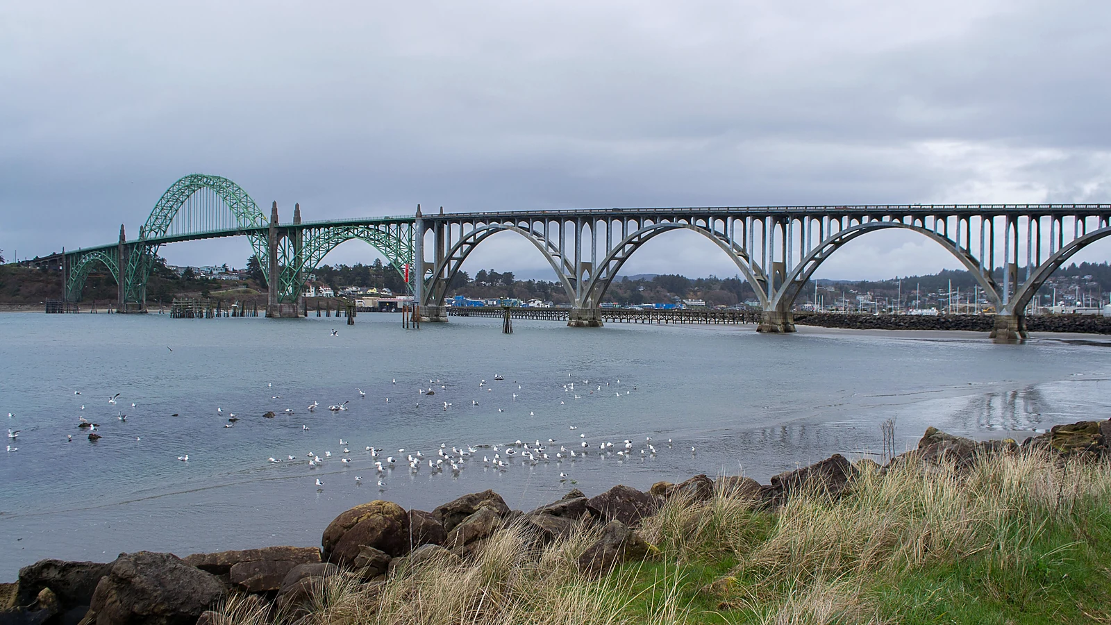 Video Production Ads & Content in Newport Oregon Yaquina Bay Bridge crossing the harbor at Newport, Oregon